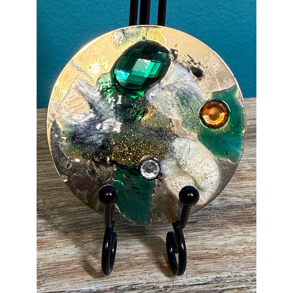 Vintage Handmade Abstract Disc Earrings Green Gold Resin Artisan Statement - Picture 5 of 9